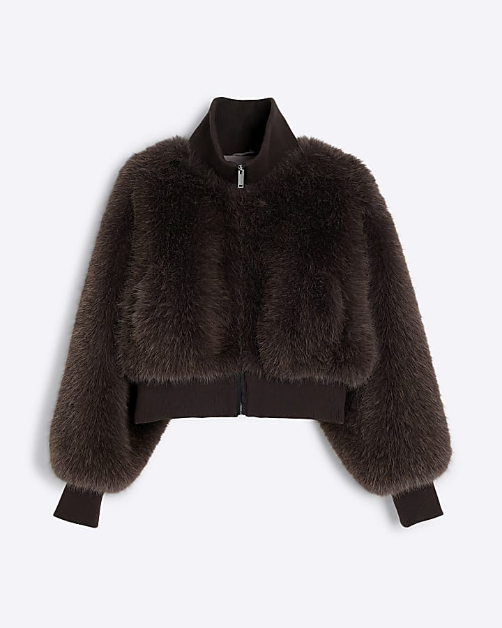 Brown Knitted Faux Fur Bomber Jacket