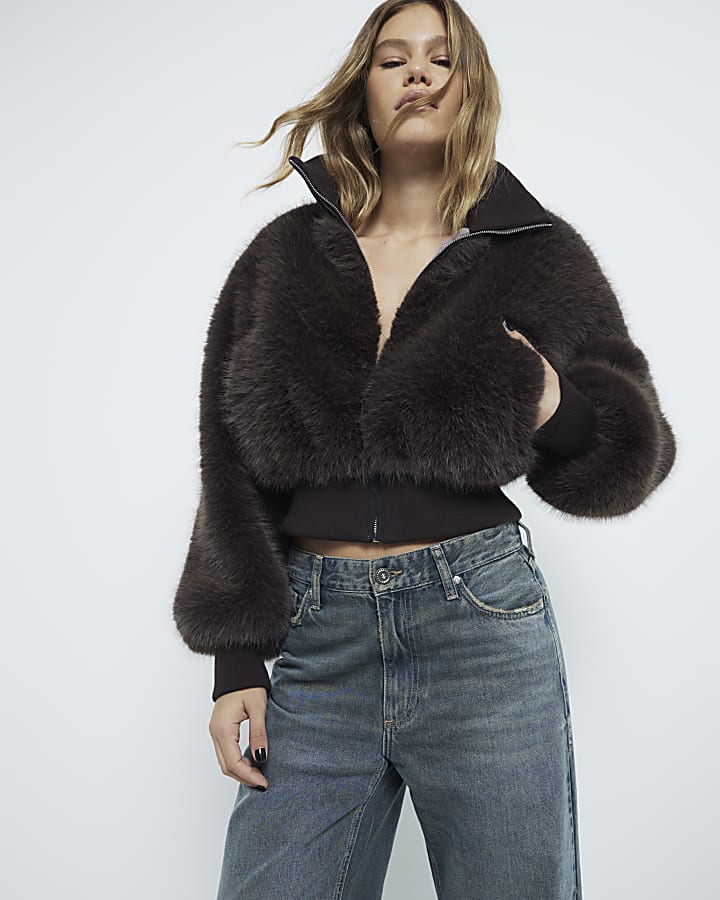Brown Knitted Faux Fur Bomber Jacket