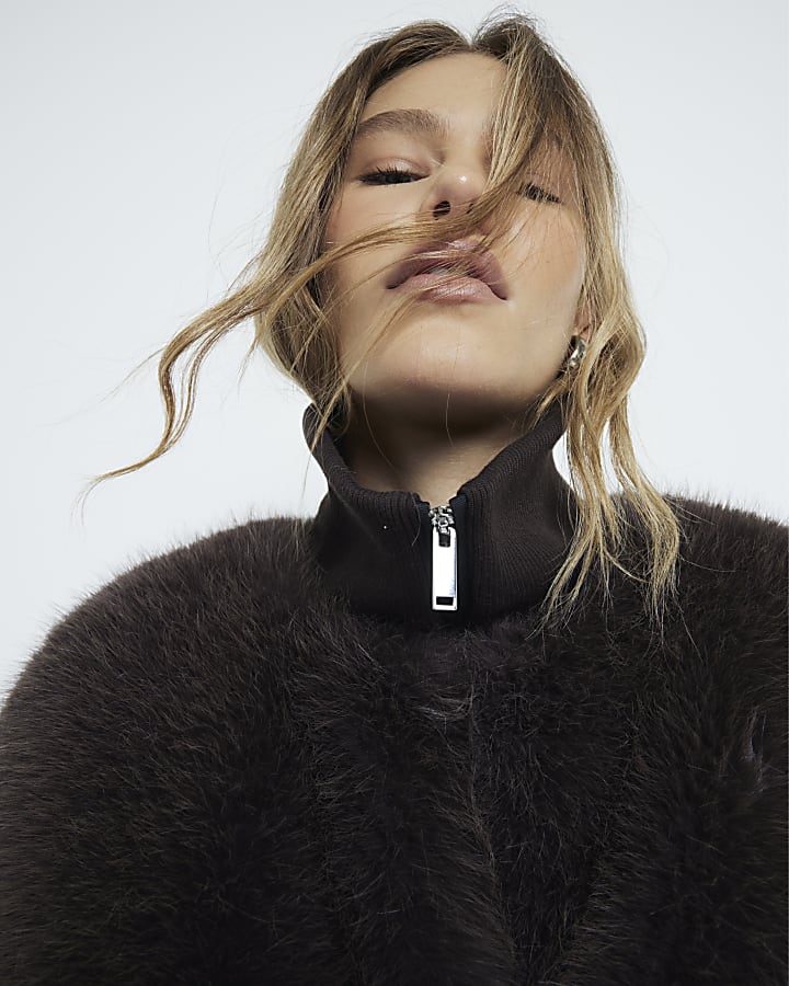 Brown Knitted Faux Fur Bomber Jacket