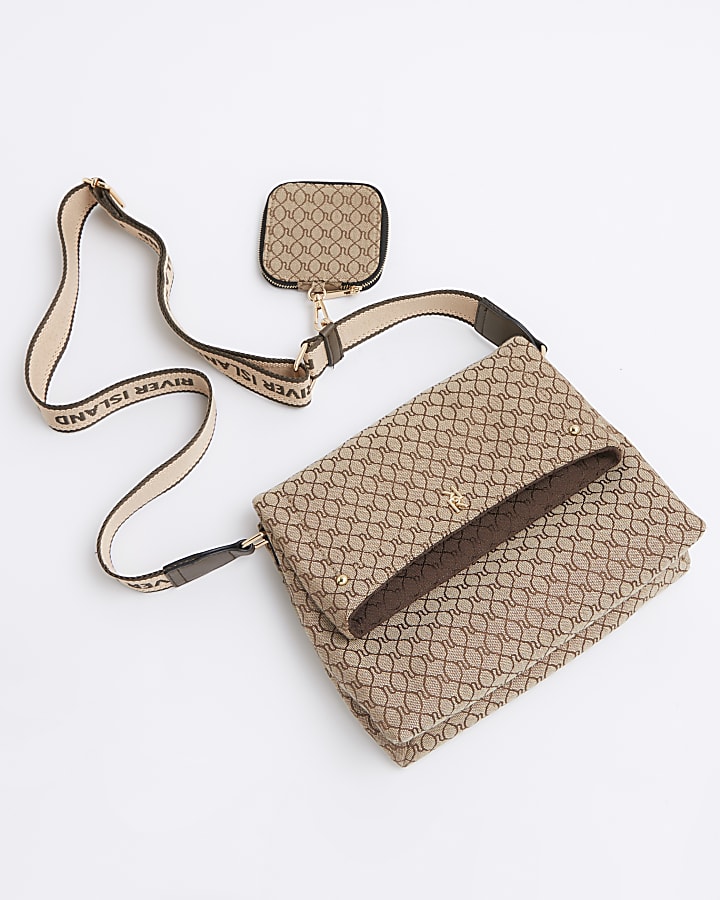 Brown monogram fold over cross body bag