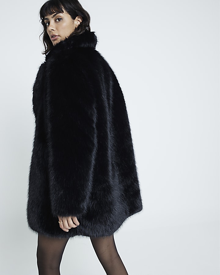 Black mid length faux fur coat