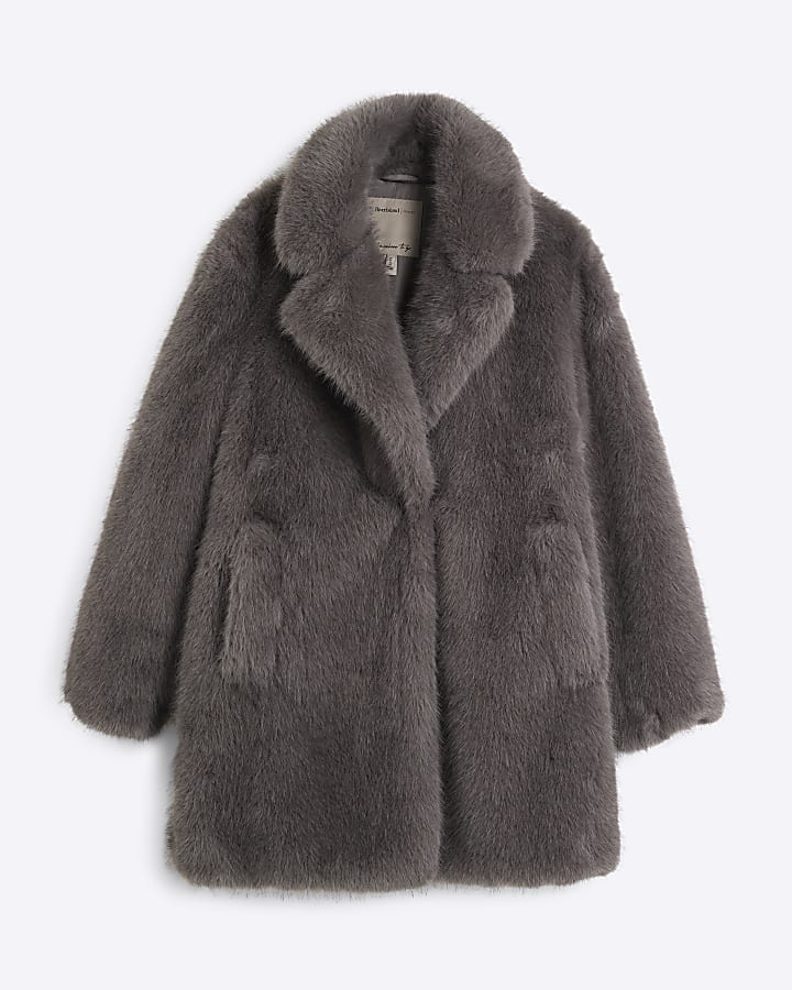 Grey mid length faux fur coat