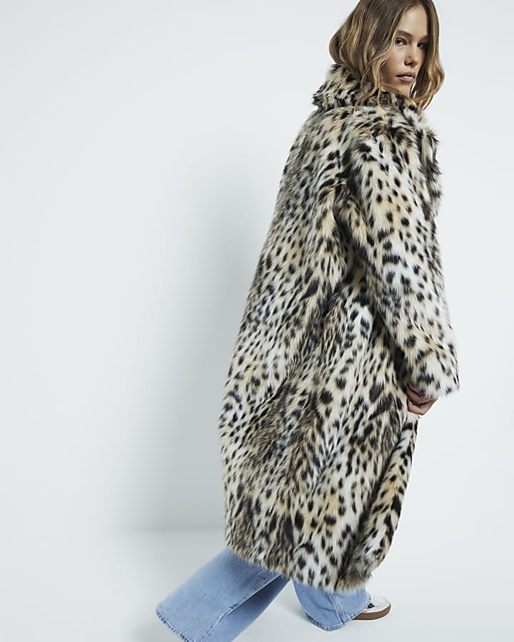 Brown faux fur leopard print coat