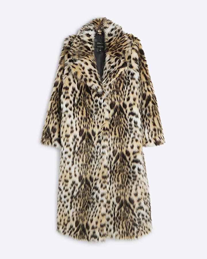 Brown faux fur leopard print coat