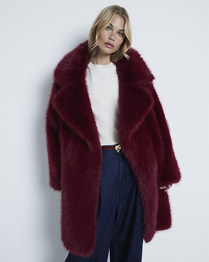 Red Faux Fur Mid Length Coat