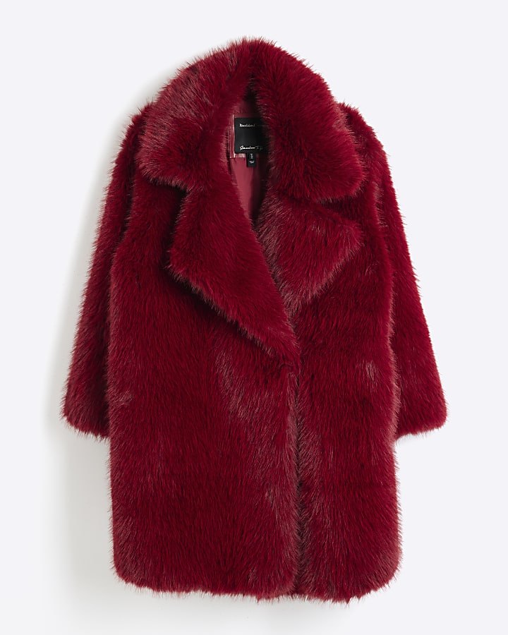 Red Faux Fur Mid Length Coat