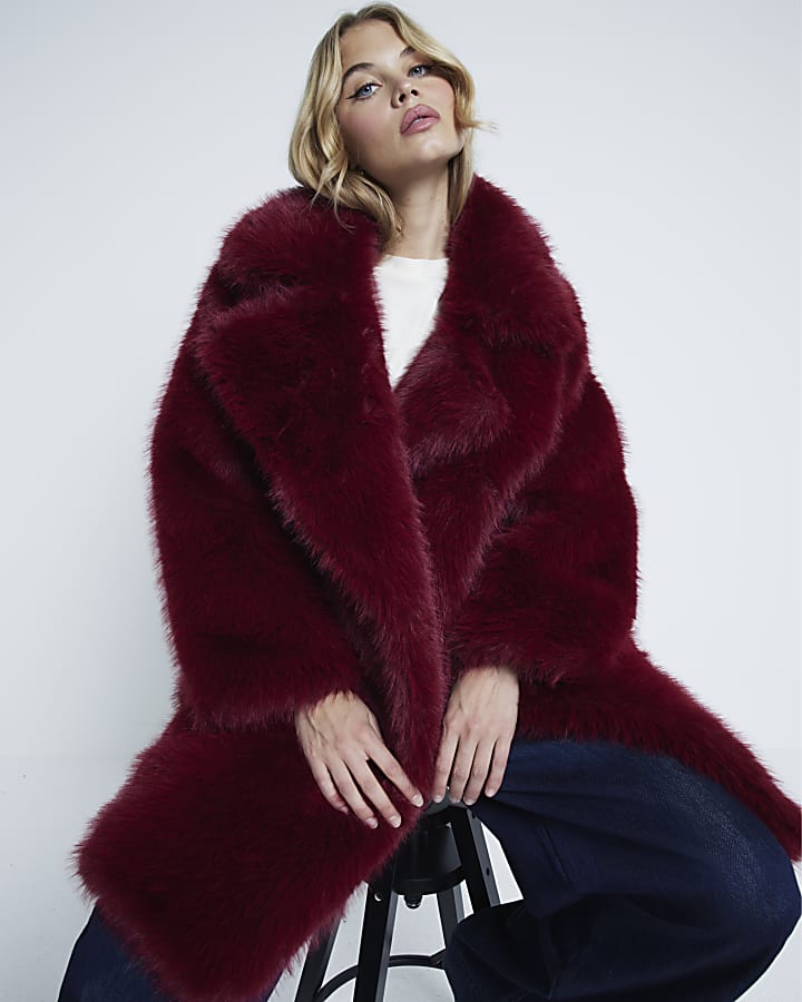 Red Faux Fur Mid Length Coat