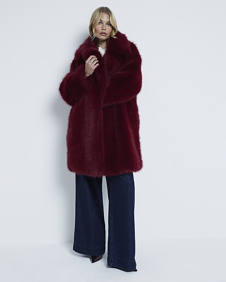 Red Faux Fur Mid Length Coat