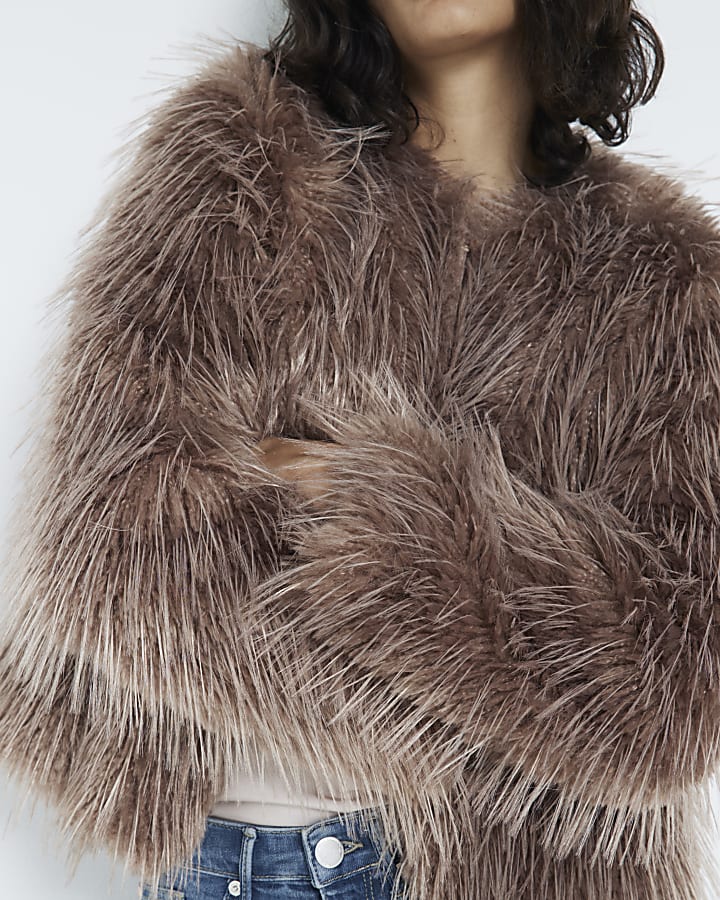 Brown Collarless Fluffy Faux Fur Jacket