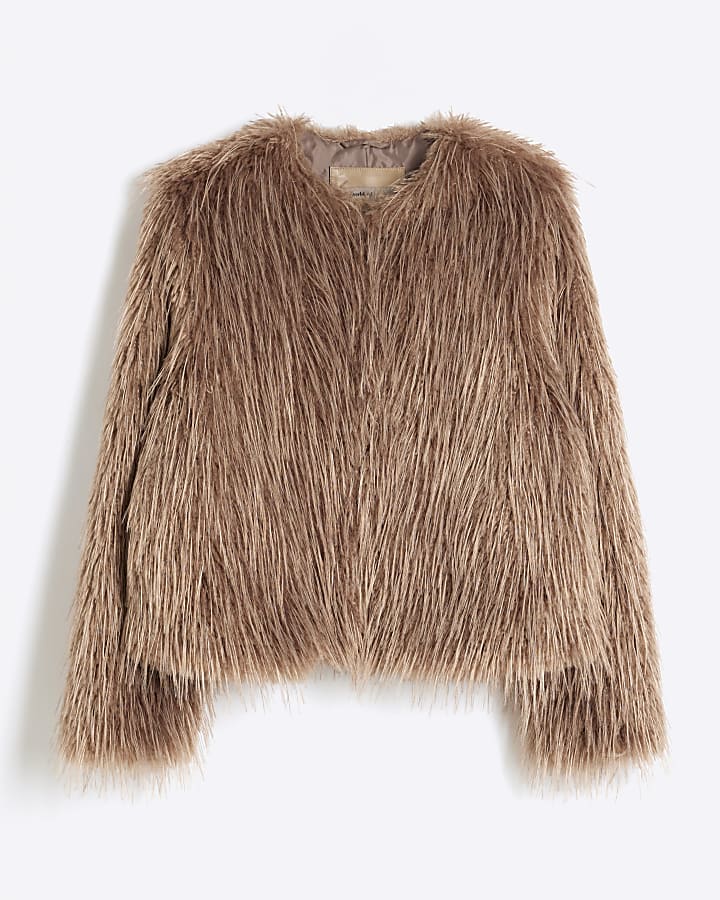 Brown Collarless Fluffy Faux Fur Jacket