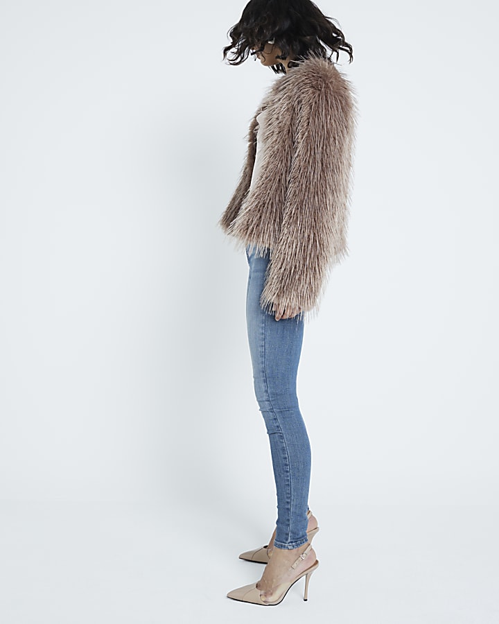 Brown Collarless Fluffy Faux Fur Jacket