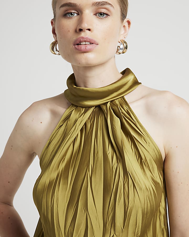 Khaki satin plisse halter neck top