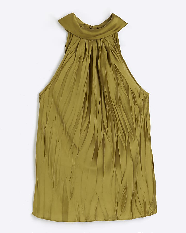 Khaki satin plisse halter neck top