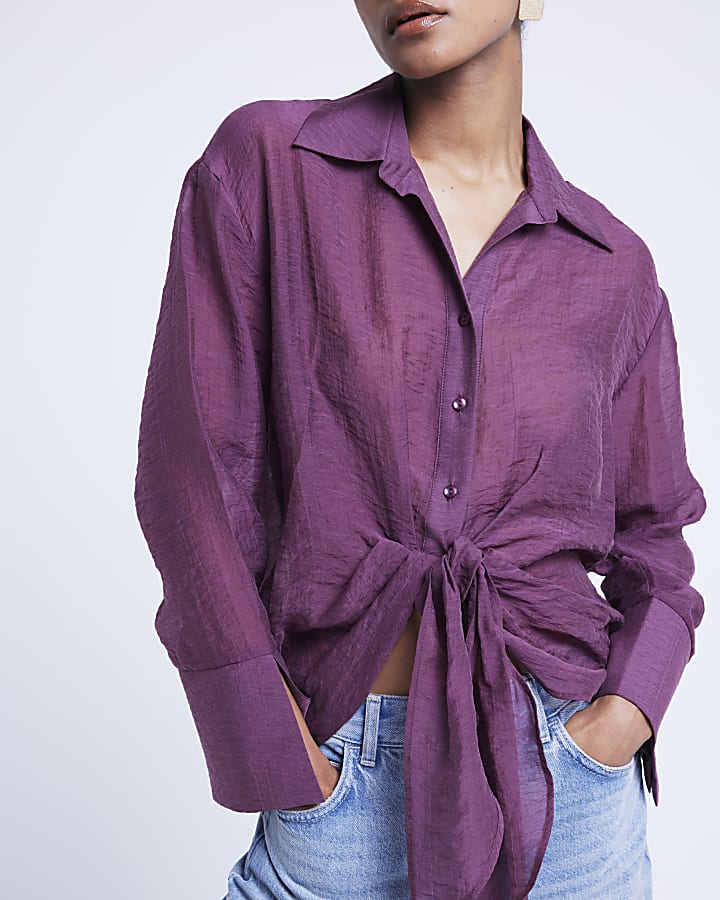 Purple twist front button up shirt