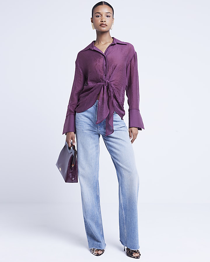 Purple twist front button up shirt