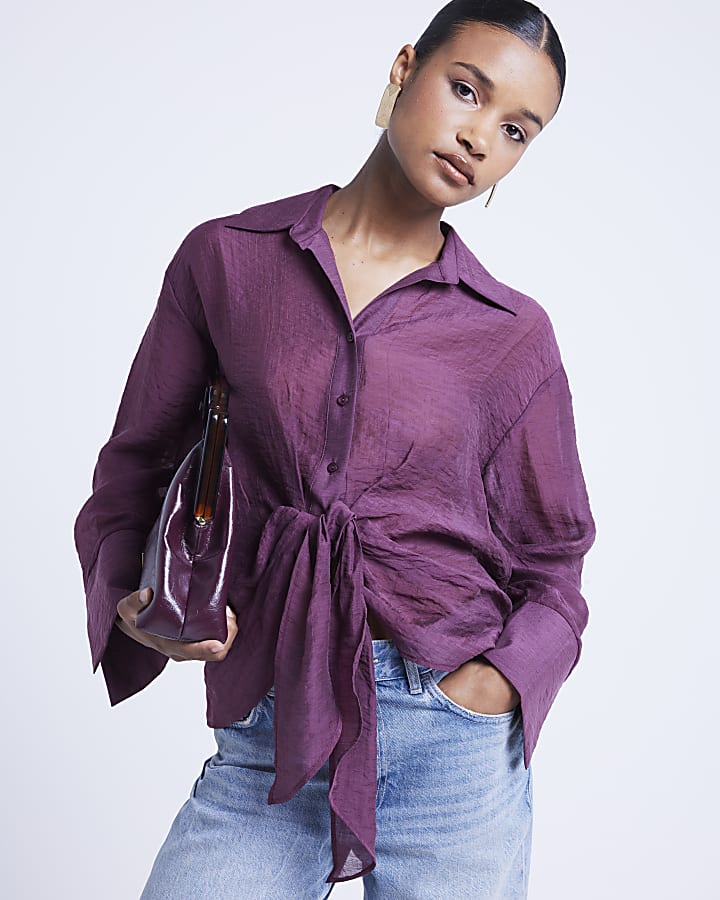 Purple twist front button up shirt