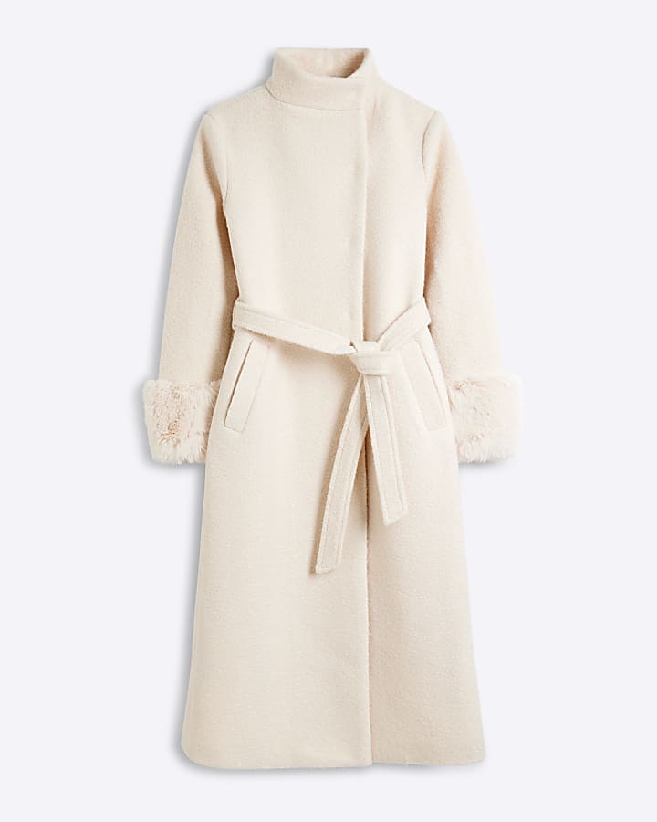 Cream faux fur cuff longline coat