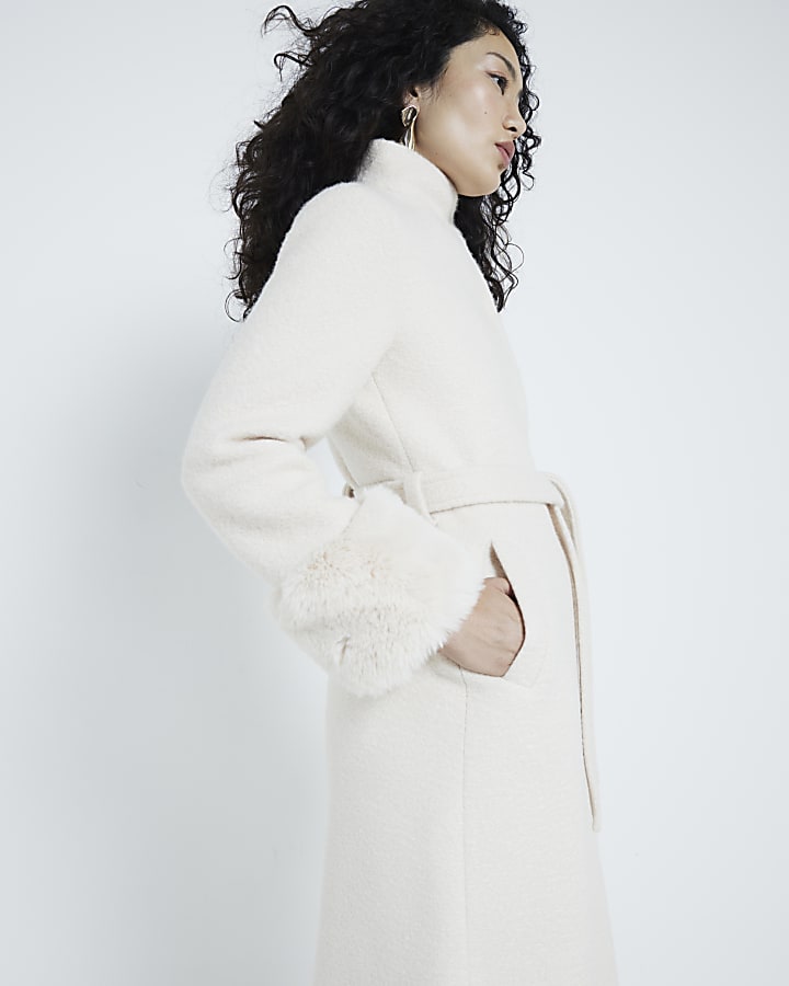 Cream faux fur cuff longline coat