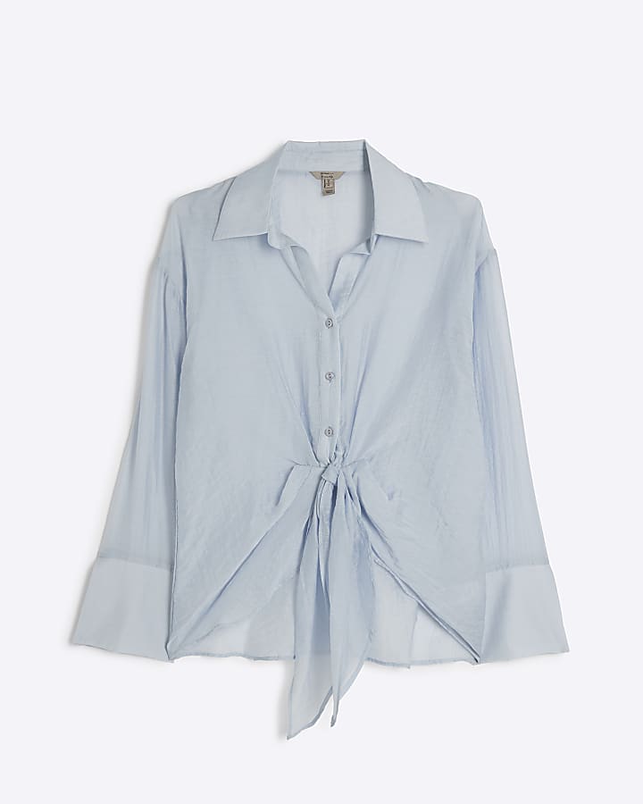 Blue twist front button up shirt