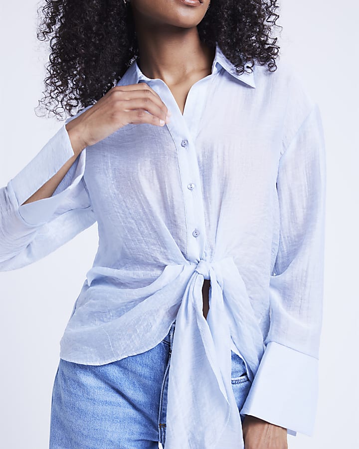 Blue twist front button up shirt