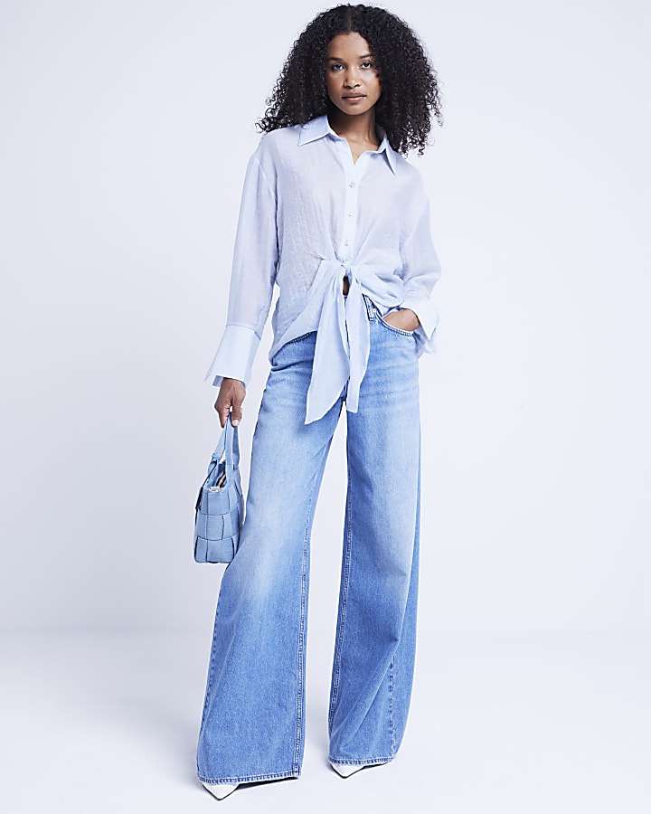 Blue twist front button up shirt