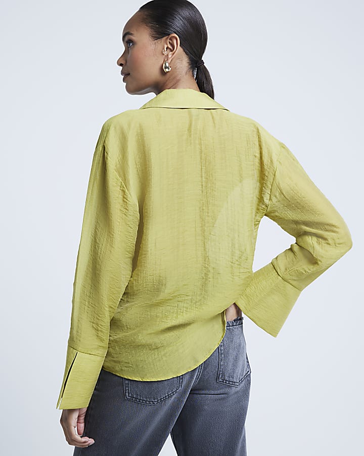 Green twist front button up shirt