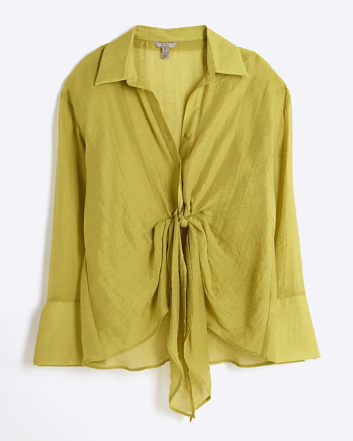 Green twist front button up shirt