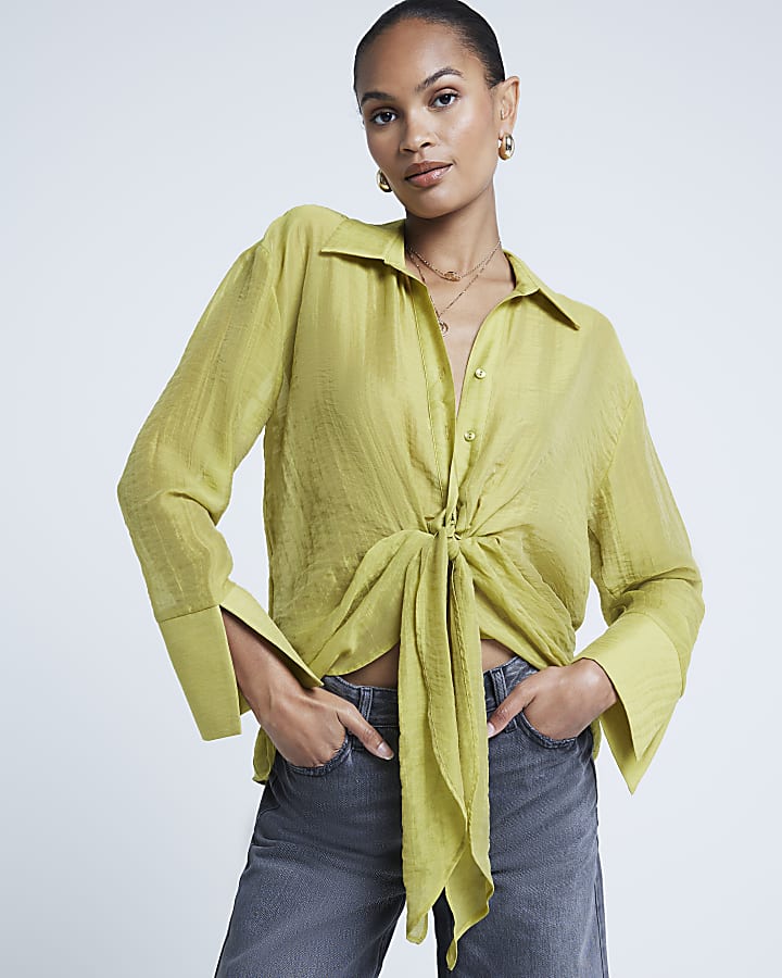 Green twist front button up shirt
