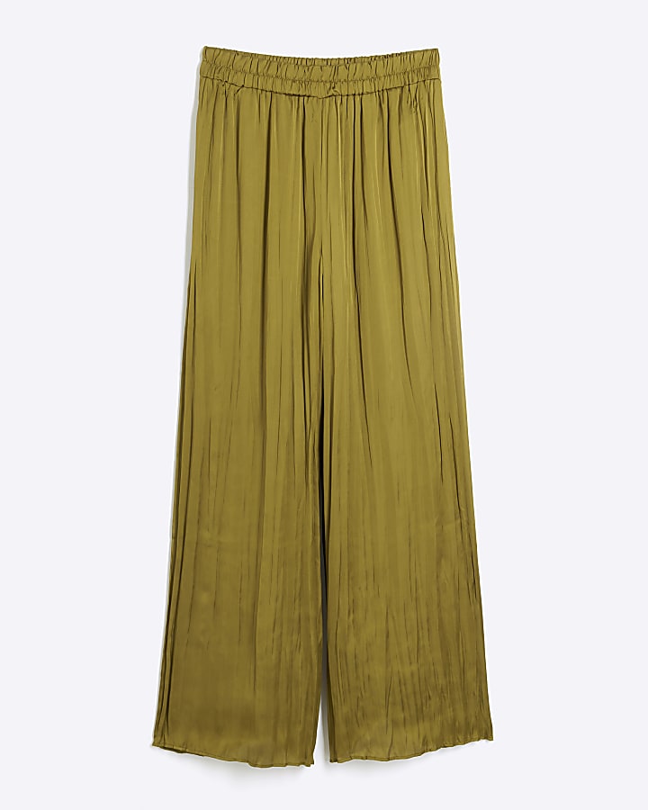 Khaki satin plisse wide leg trousers