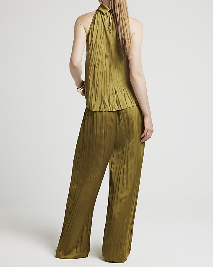 Khaki satin plisse wide leg trousers