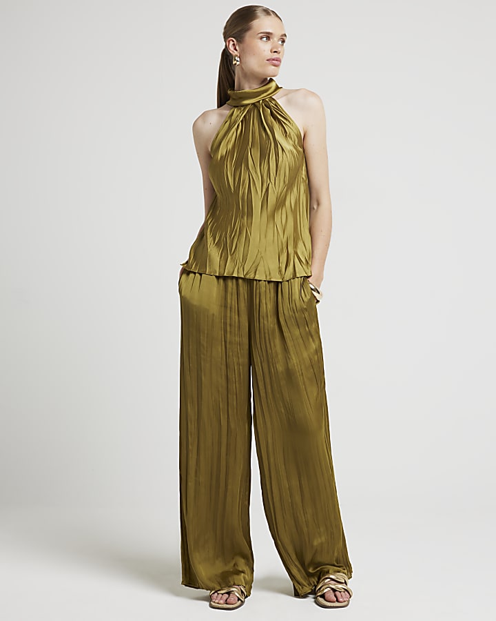 Khaki satin plisse wide leg trousers