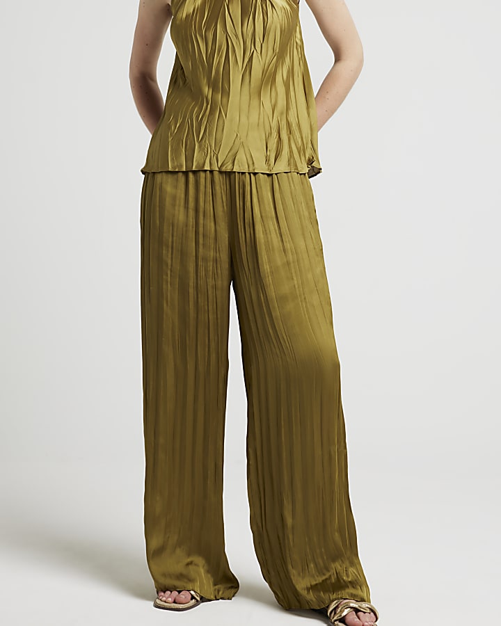 Khaki satin plisse wide leg trousers