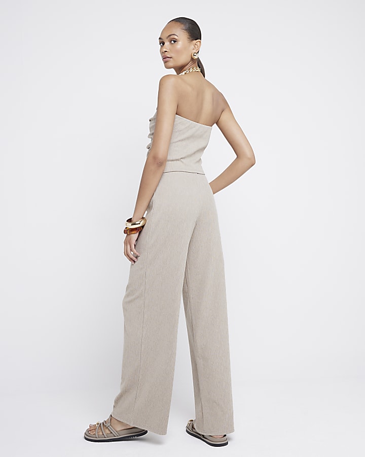 Beige Textured Wide Leg Trousers