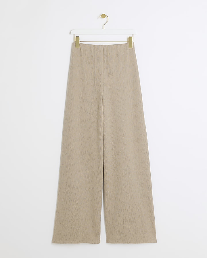 Beige Textured Wide Leg Trousers