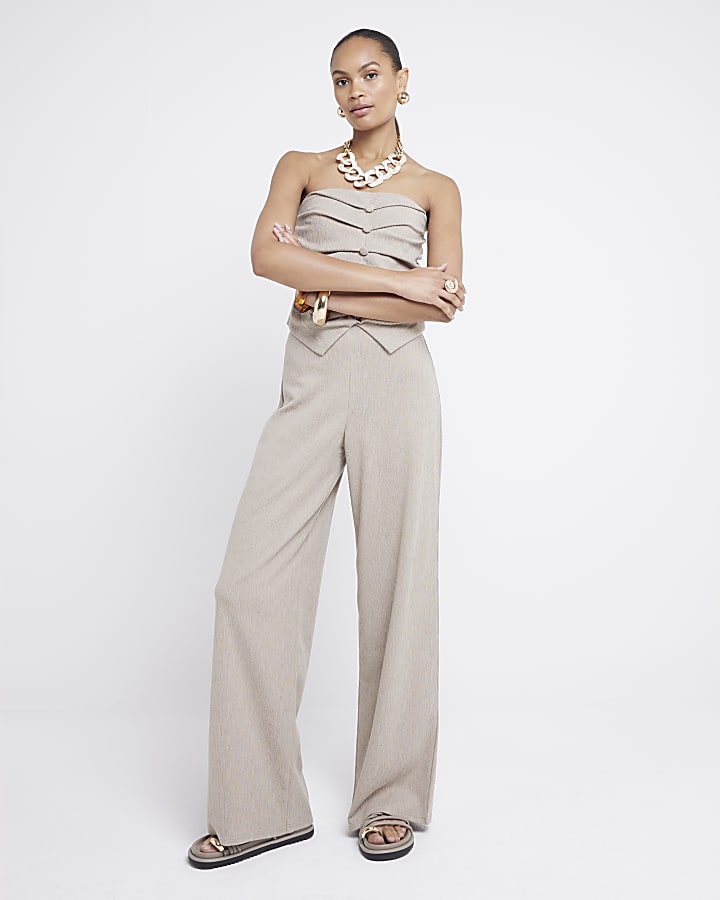 Beige Textured Wide Leg Trousers