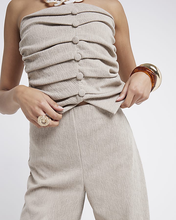 Beige Textured Wide Leg Trousers