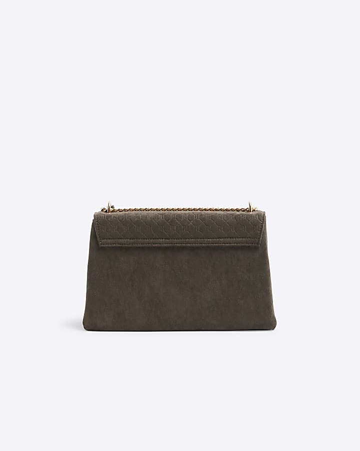 Grey Suedette Lock Pocket Shoulder Bag