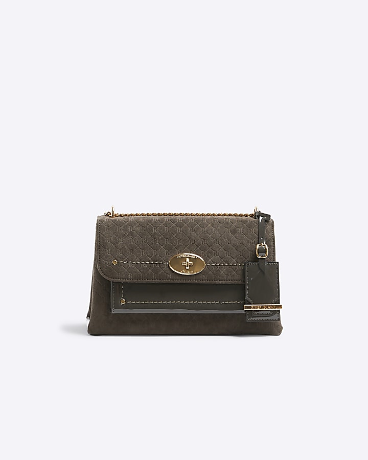 Grey Suedette Lock Pocket Shoulder Bag