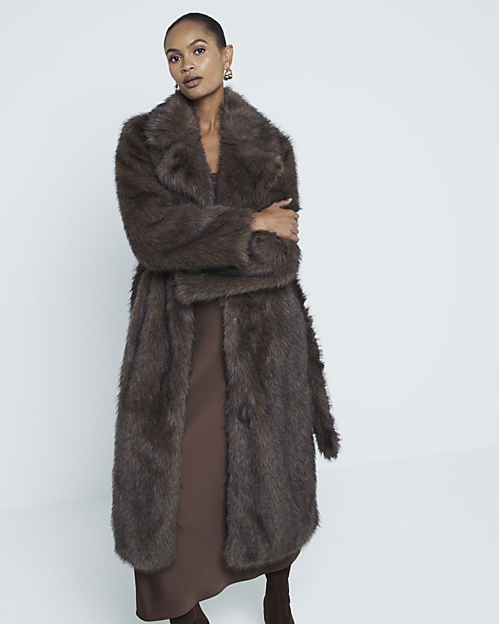 Brown Belted Longline Faux Fur Coat