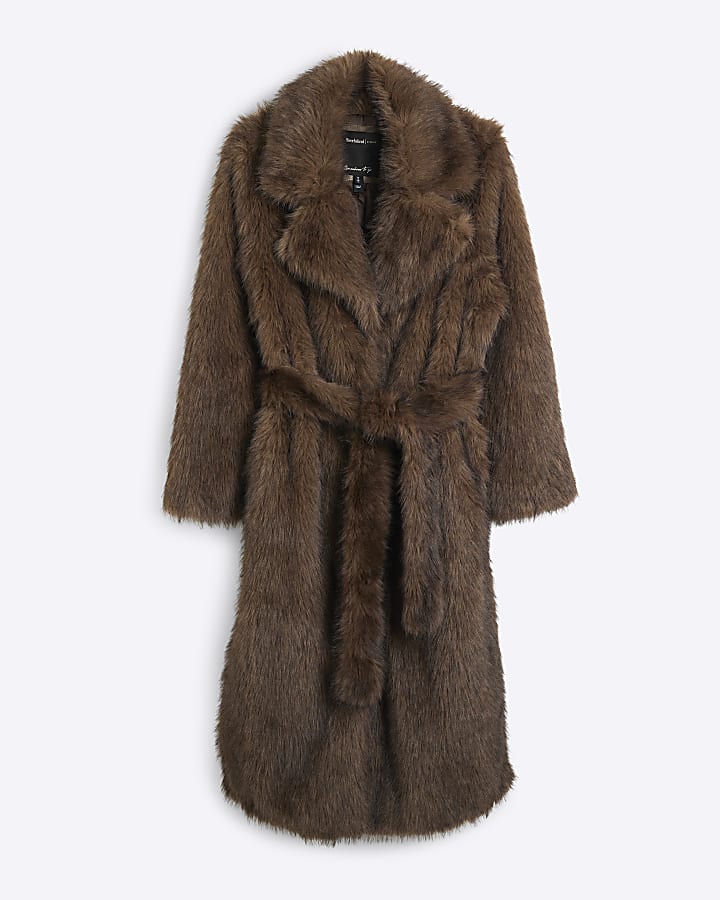 Brown Belted Longline Faux Fur Coat