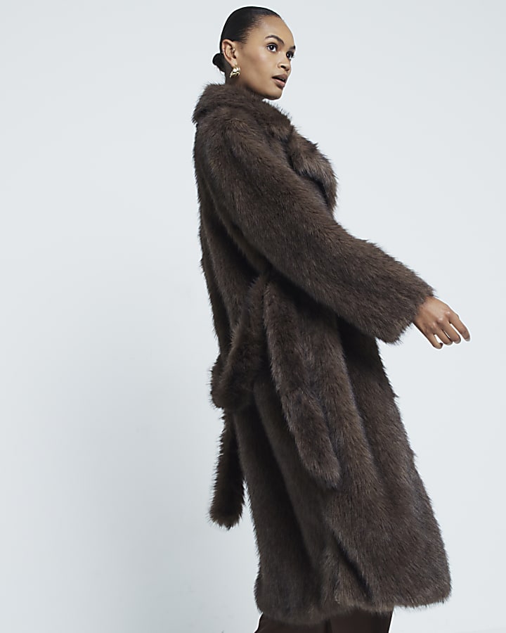 Brown Belted Longline Faux Fur Coat