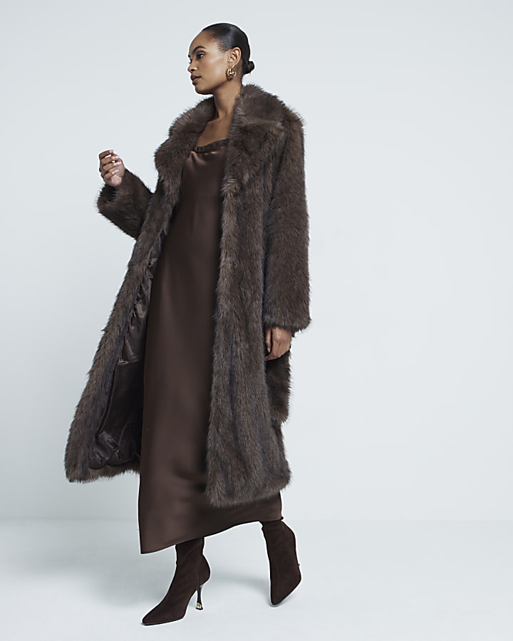 Brown Belted Longline Faux Fur Coat