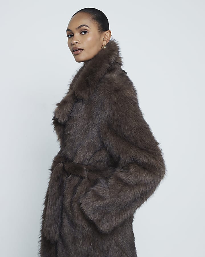 Brown Belted Longline Faux Fur Coat