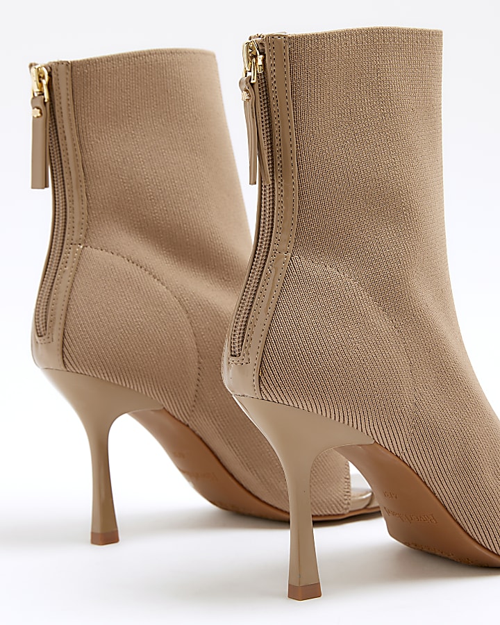 Beige wide fit knit sock boot heeled sandals