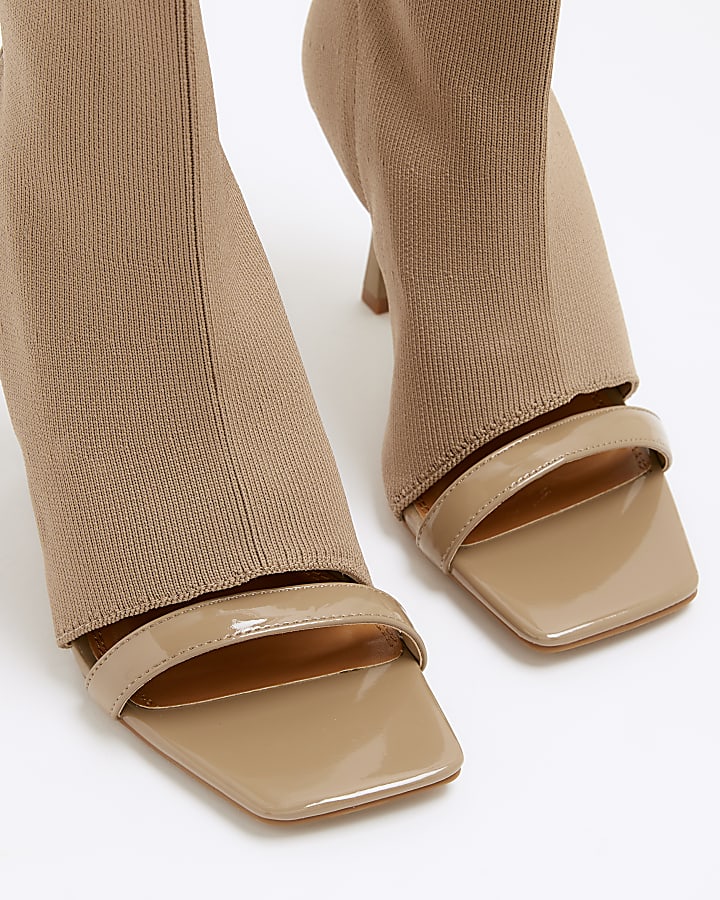 Beige wide fit knit sock boot heeled sandals