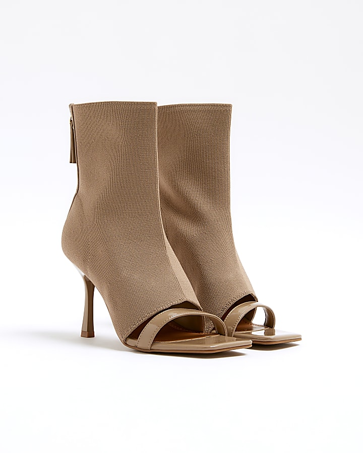 Beige wide fit knit sock boot heeled sandals