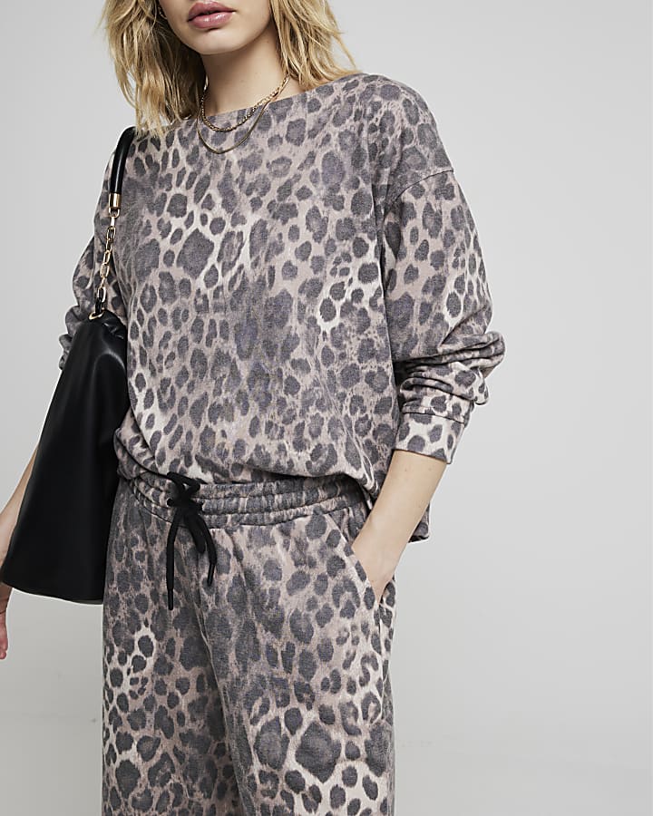 Brown Leopard Print Wide Leg Joggers