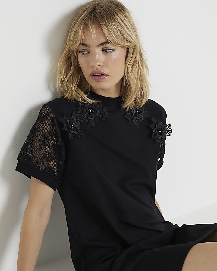 Black flower lace sleeve t-shirt mini dress