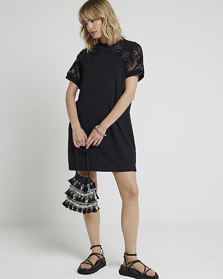 Black flower lace sleeve t-shirt mini dress