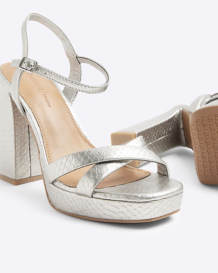 Silver croc embossed platform heeled sandals